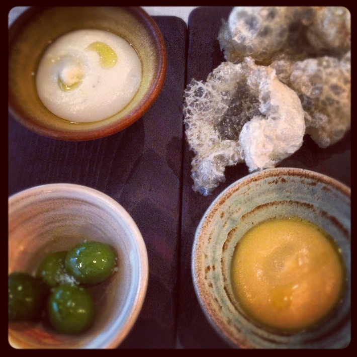 Salted cod dip, Apple puree dip with something delicious (not too sure what it was)